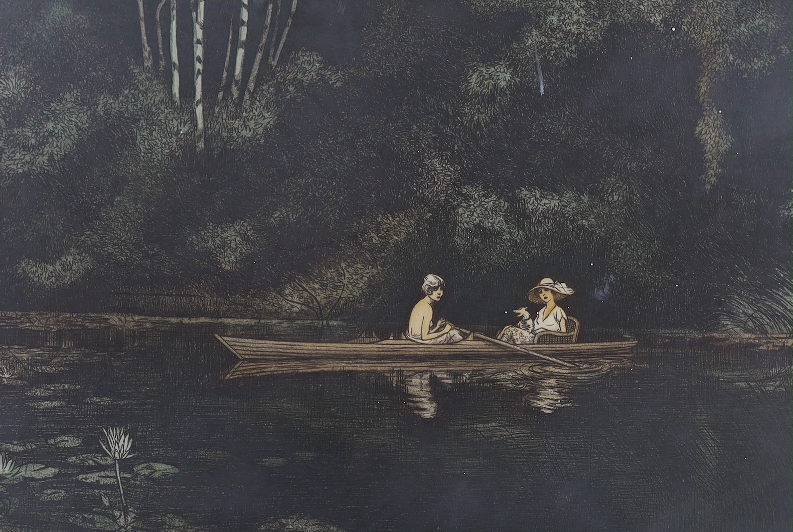 Frank Martin (1921-2005), five limited edition etchings with aquatint, 'All Talking All Singing', 'The Enchanted Lake', 'Barcaville', 'Polanegri' and 'The Brasserie Hoffmann', all signed in pencil and inscribed, largest